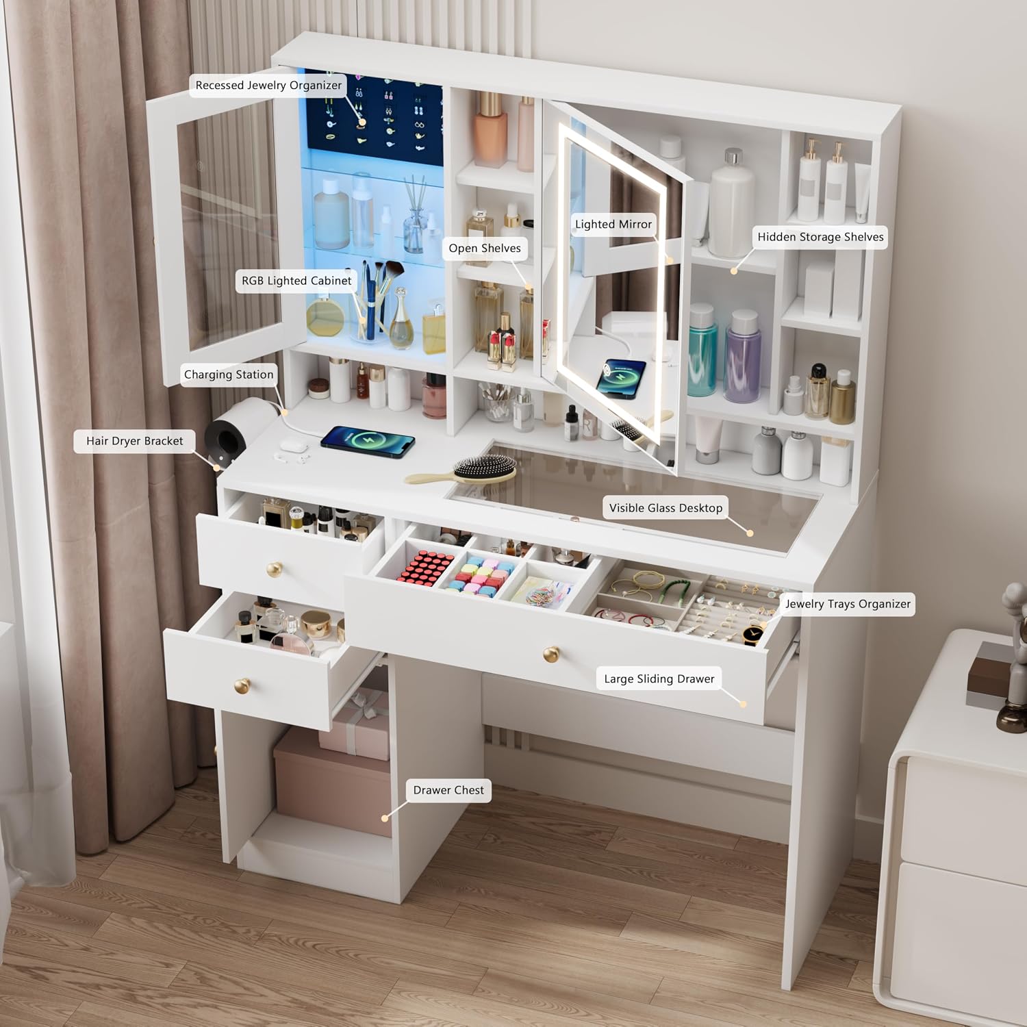 Wodeer Makeup Vanity Desk with Mirror and Lights, White Vanity with Glass Top, Jewelry Storage, Power Outlets, 3 Drawers & 2 Cabinets, Adjustable LED Lighting, Dressing Table for Women & Girls Bedroom