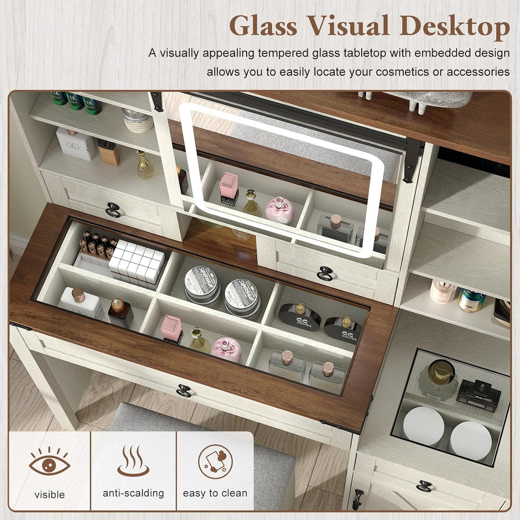 Farmhouse Makeup Vanity Desk with Sliding Mirror and Lights, 42' Glass Top White Vanity Set with Charging Station & 4 Drawers & 2 Cabinets, Dressing Table with Stool for Bedroom