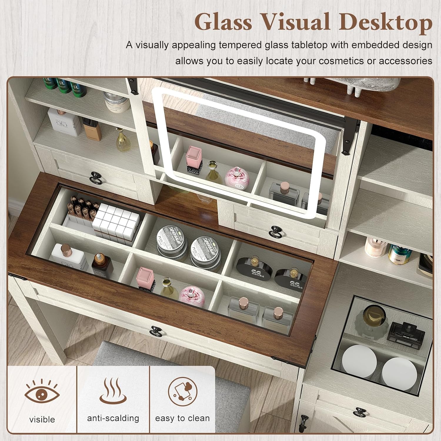 Farmhouse Makeup Vanity Desk with Sliding Mirror and Lights, 42' Glass Top White Vanity Set with Charging Station & 4 Drawers & 2 Cabinets, Dressing Table with Stool for Bedroom
