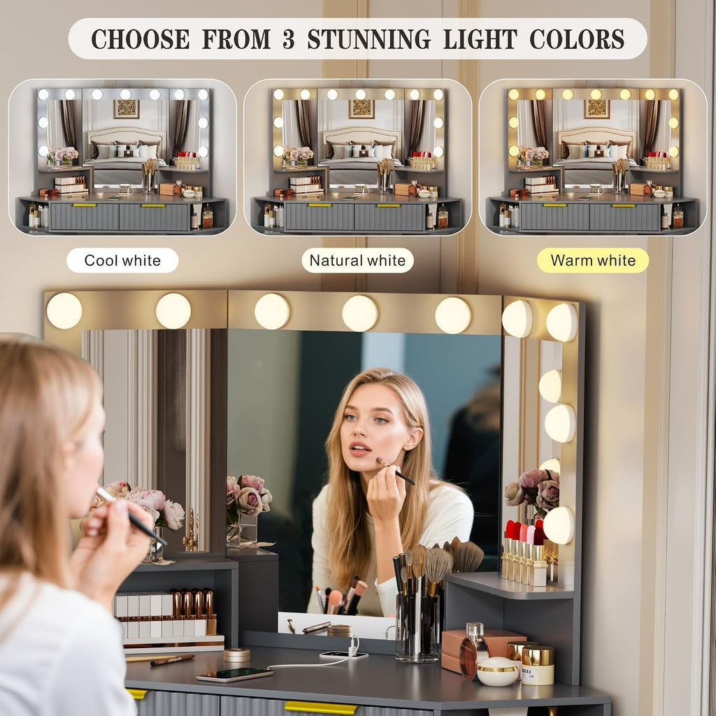 Vanity Desk with Charging Station & LED Lights Mirror – Corner Design HD Triple Mirror Makeup Vanity Table Set with Storage Drawers & Chair for Living Room/Bedroom Ideal Gift (Grey-113)