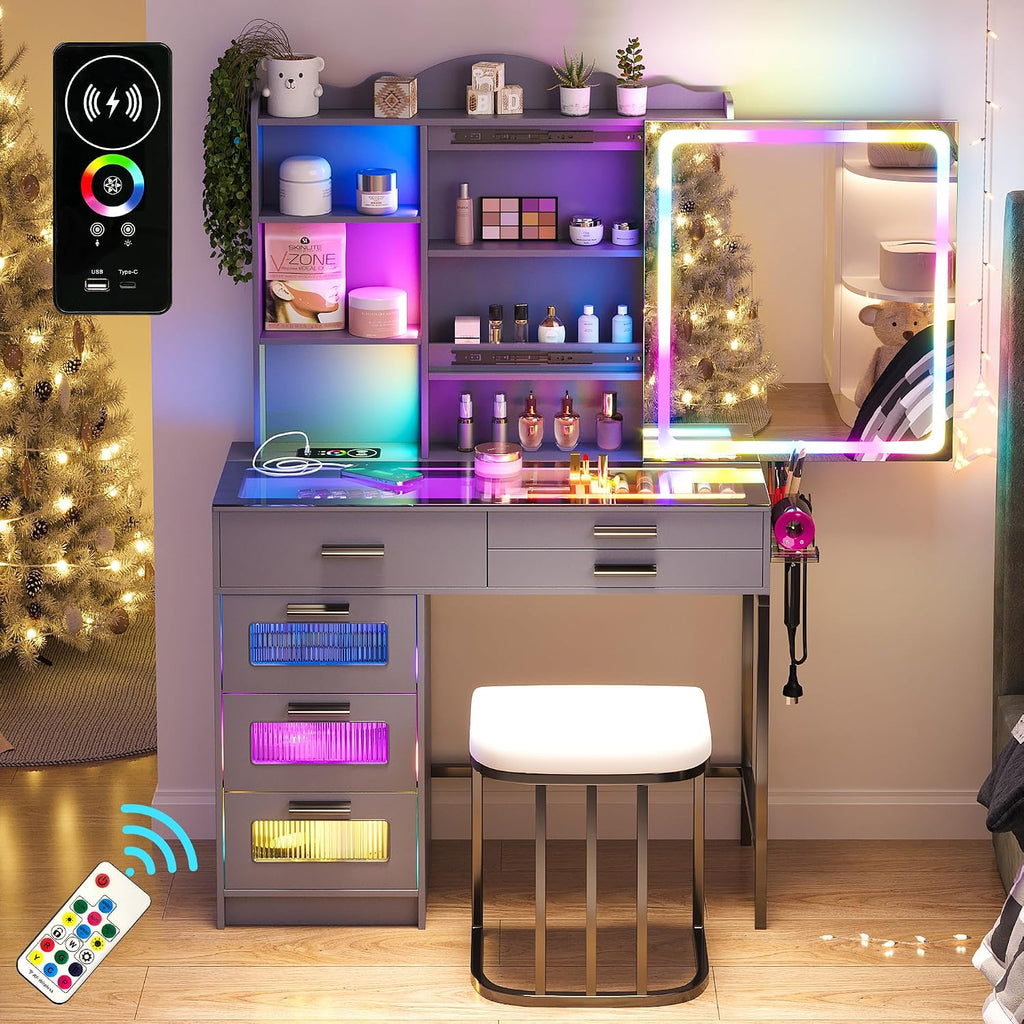 WOOVIVS Glass Top Vanity with LED Mirror, 6 Drawer Dresser with Charging Station for Bedroom, Small Makeup Vanitys Table with RGB Light, Vanity Set with Chair,Jewelry Organizer for Girls-Grey