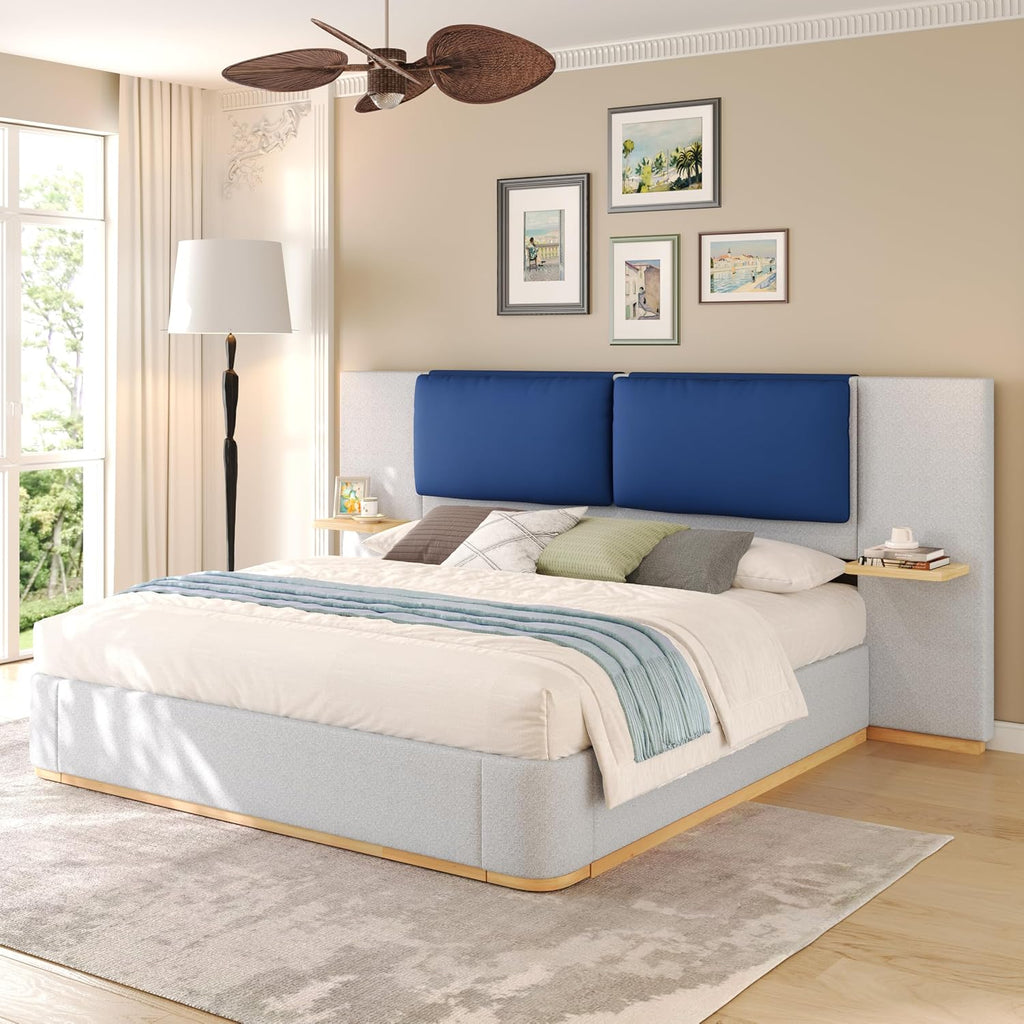 Luxury Bed Frame with Nightstands Modern Bedroom Set, Grey King Size Floor Platform Bed with Oversize Soft Upholstered Tall Headboard Bedframe, No Box Spring Needed (Blue+Grey, King)