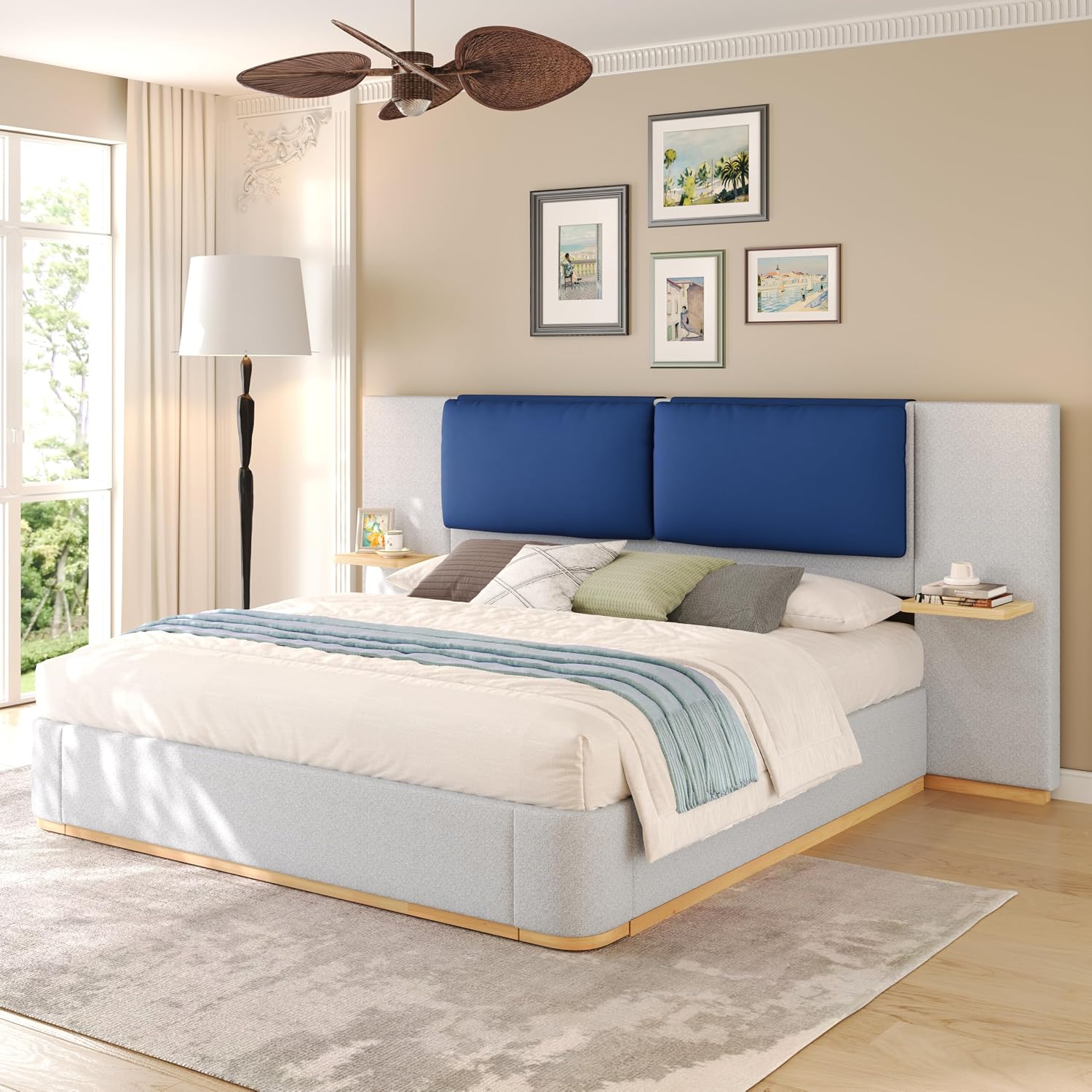 Grey Bed Frame with Soft Upholstered Storage Tall Headboard, King Size Floor Platform Bed Frames, Anti-Collision Curved Footboard Bedroom Sets,No Box Spring Needed (Blue+Grey, King)