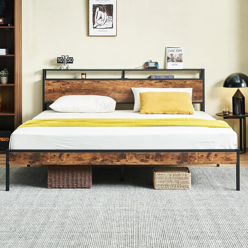 King Bed Frame with Headboard, Metal Platform Bed Frame King Size with Charging Station, 2-Tier Storage Headboard, No Box Spring Needed, Easy Assembly, Brown