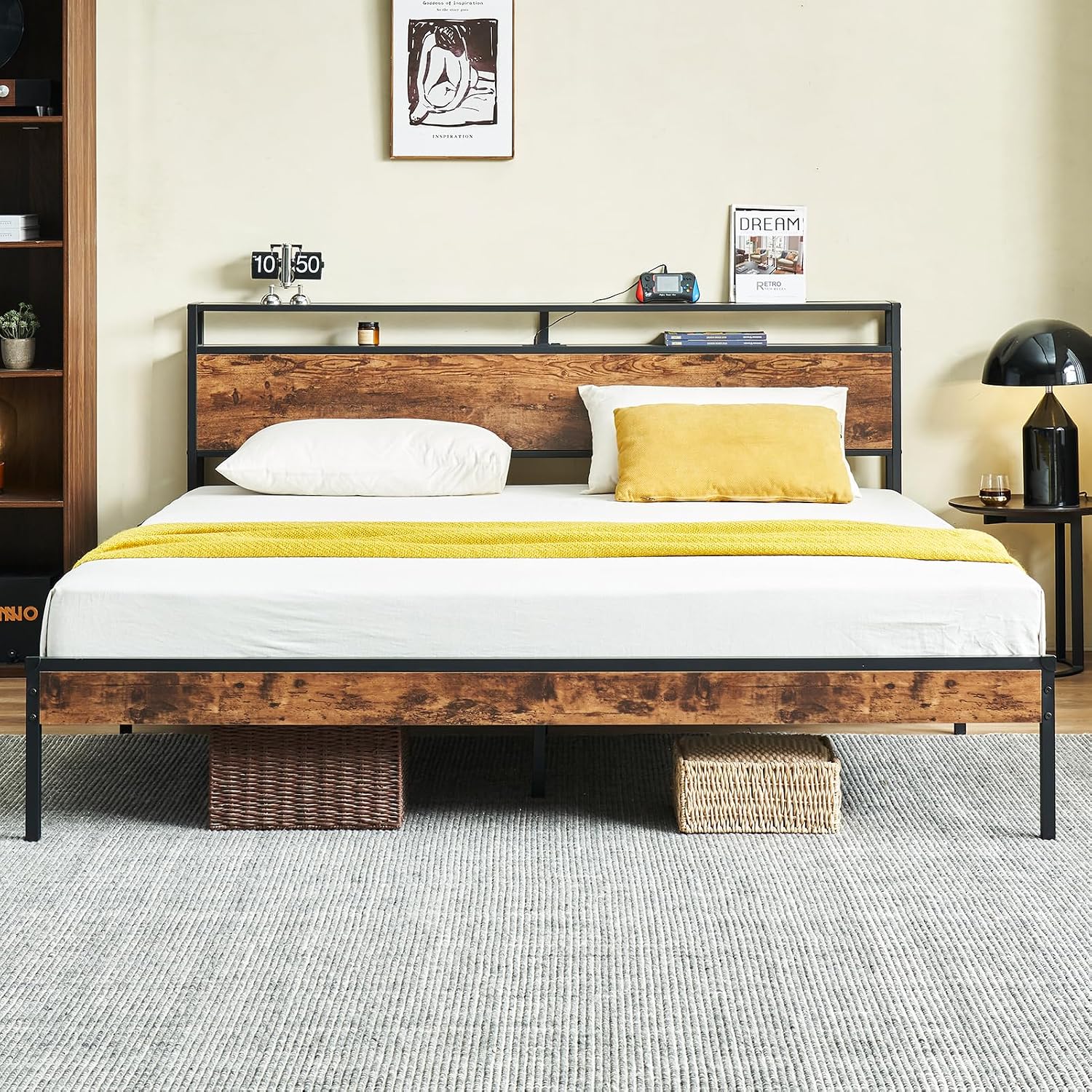 King Bed Frame with Headboard, Metal Platform Bed Frame King Size with Charging Station, 2-Tier Storage Headboard, No Box Spring Needed, Easy Assembly, Brown