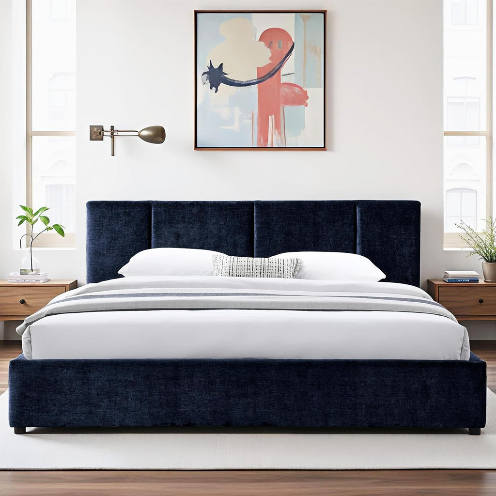 Venice Upholstered Platform Bed | Box Spring Not Required | Blue Fabric, King Size