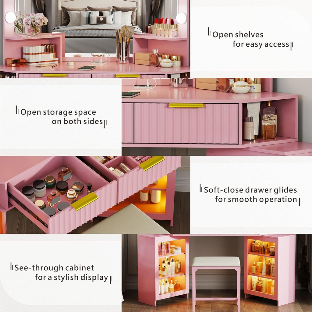 Vanity Desk with Charging Station & LED Lights Mirror – Corner Design HD Triple Mirror Makeup Vanity Table Set with Storage Drawers & Chair for Living Room/Bedroom Ideal Gift (Pink)