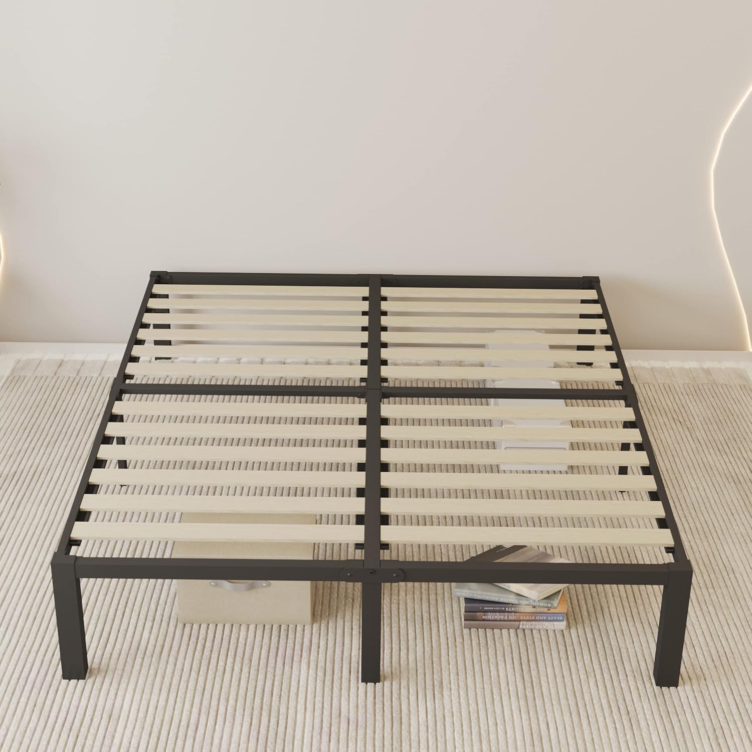 ROIL 18 inch King Bed Frames Wood with Wooden Slats - 3500lbs Heavy Duty No Box Spring Needed Metal Platform, Mattress Stoppers Iron Noise Free Bedframe, Headboard Hole Underneath Storage
