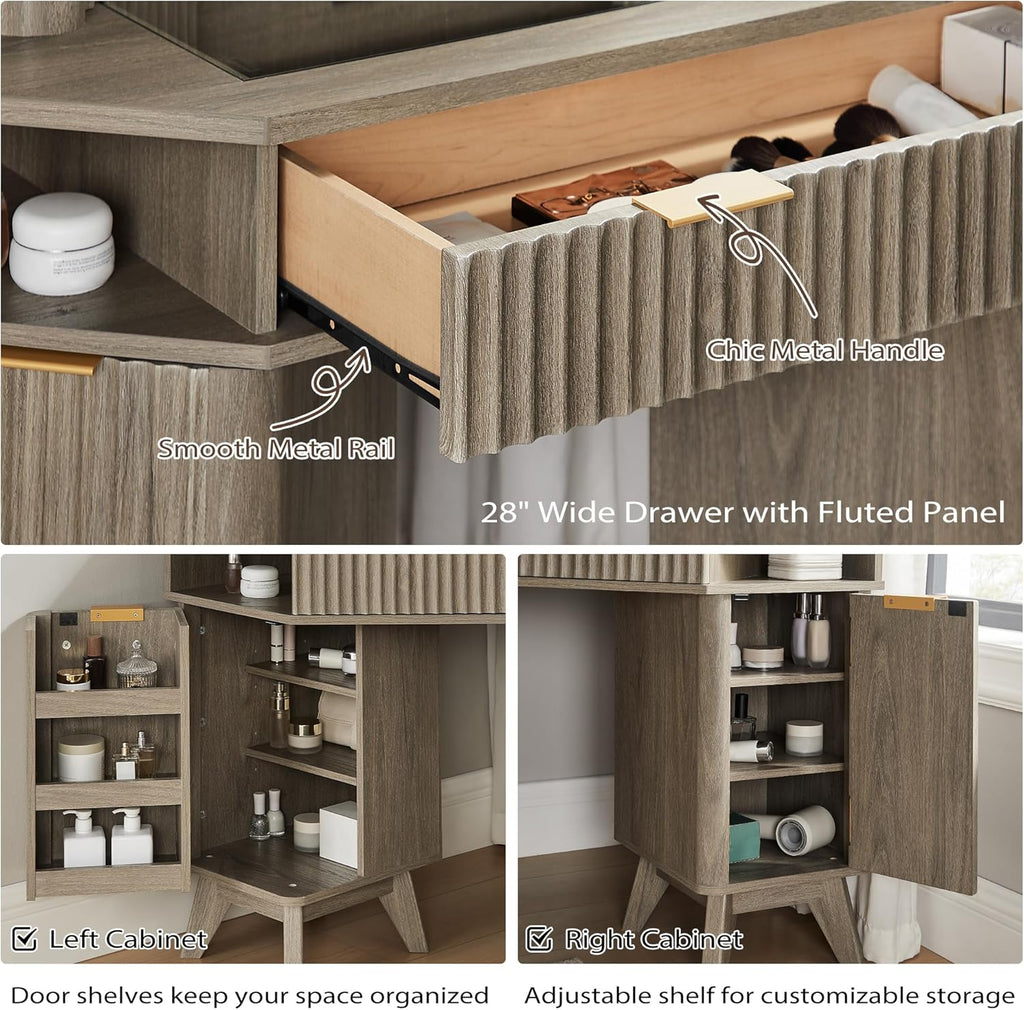 T4TREAM Fluted Makeup Vanity Desk with 3 Way Mirror and Lights, 48' Large Corner Vanity Table with Glass Top, Charging Station, 3 Drawers, Storage Cabinets & Shelves, for Bedroom, Grey Alder