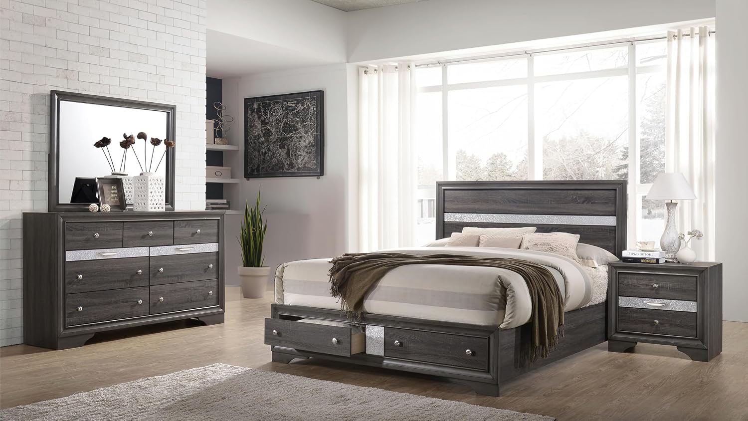 GOWE Traditional Style King 4 Piece Storage Bedroom Set Made with Wood in Gray