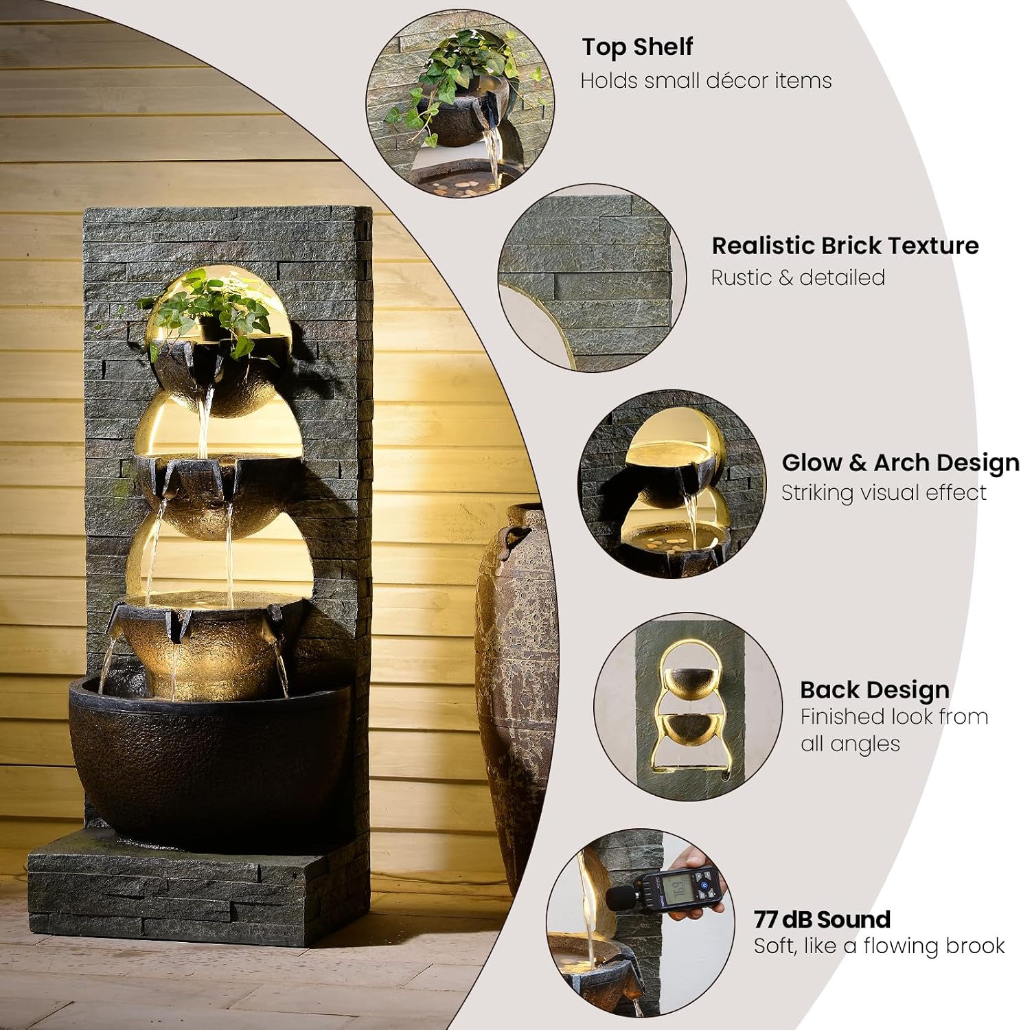 Tankana Water Fountain Outdoor Garden Waterfall Large Water Feature Tiered Freestanding Cascade Fountains Bowl Modern Artistry with LED Strip for Patio Yard Deck Home Decor, 43 inches, Brown