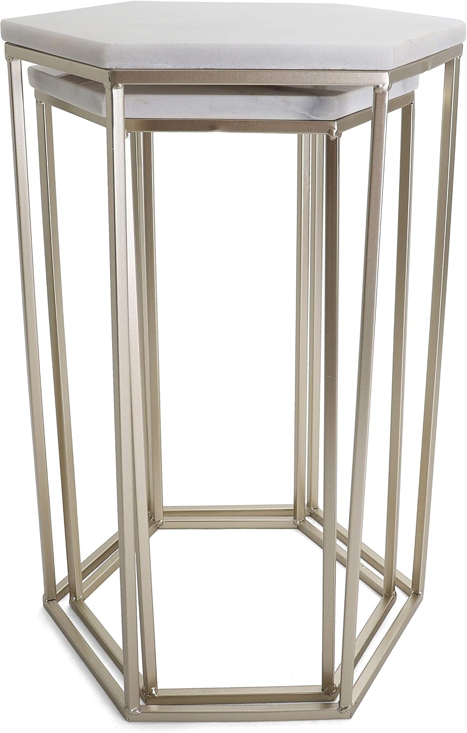 Rutledge & King Hexagon End Table Set - End Tables with Mirrored Tops - Nesting Geometric Accent Tables - Marble Metal Side Tables Hexagon End Table Set (Gold)