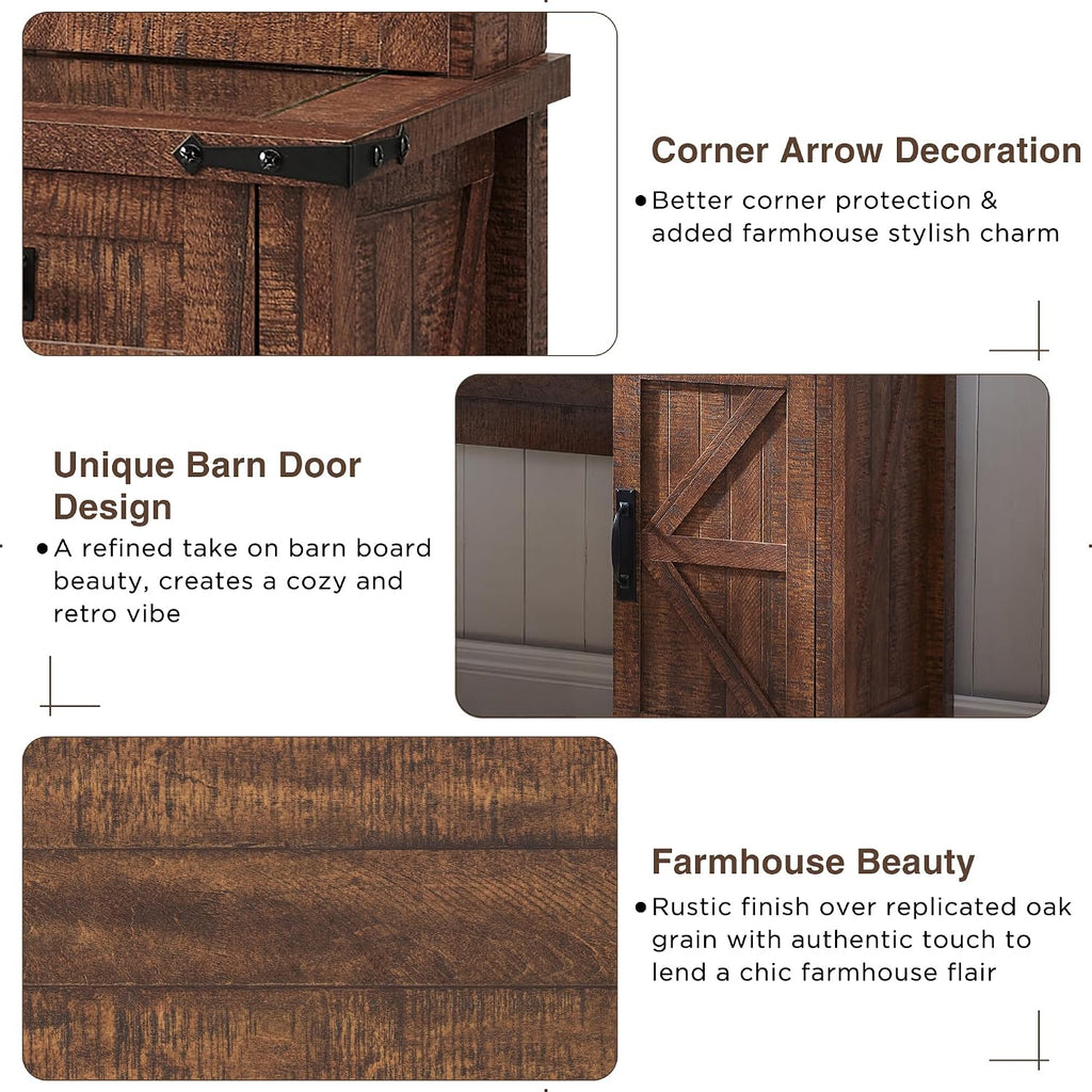 T4TREAM Farmhouse Makeup Vanity Desk with Sliding Mirror and Lights, 42'' Glass Tabletop Vanity Table with 2 Drawers & Shelves, Rustic Large Vanity Set for Bedroom, Reclaimed Barnwood