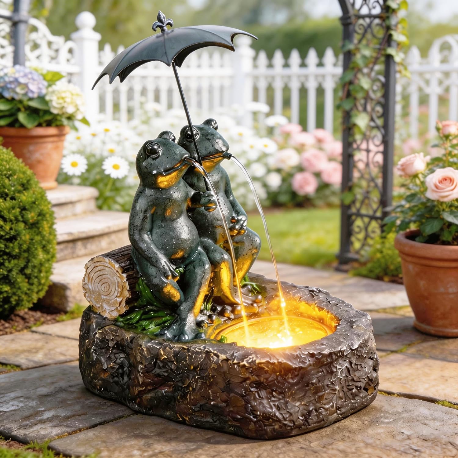 21' Frog Outdoor Water Fountain with LED Lights, Whimsical Resin Tabletop Waterfall Fountain Under Umbrella, Soothing Zen Garden Decor for Patio, Yard, Porch & Deck, Faux Bronze