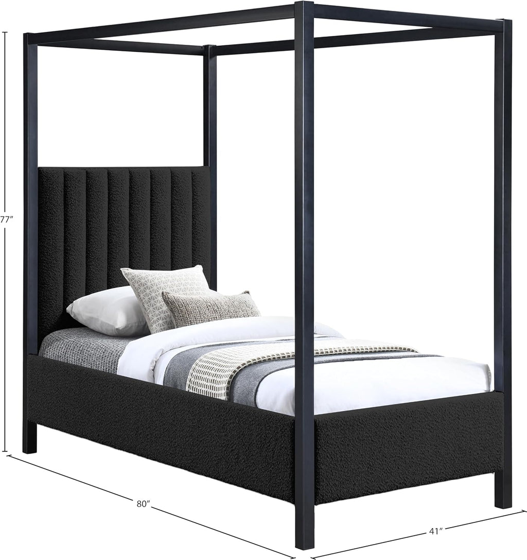 Meridian Furniture KellyBlack-T Kelly Collection Modern | Contemporary Twin Bed with Rich Black Boucle Fabric, Matte Black Iron Metal Frame Canopy, 41' W x 80' D x 77' H, Black, Twin