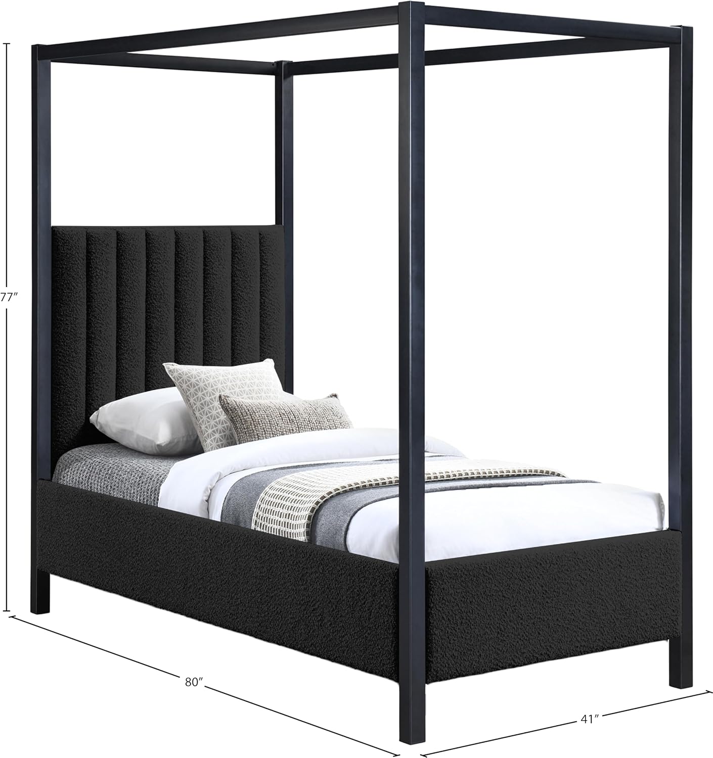 Meridian Furniture KellyBlack-T Kelly Collection Modern | Contemporary Twin Bed with Rich Black Boucle Fabric, Matte Black Iron Metal Frame Canopy, 41' W x 80' D x 77' H, Black, Twin