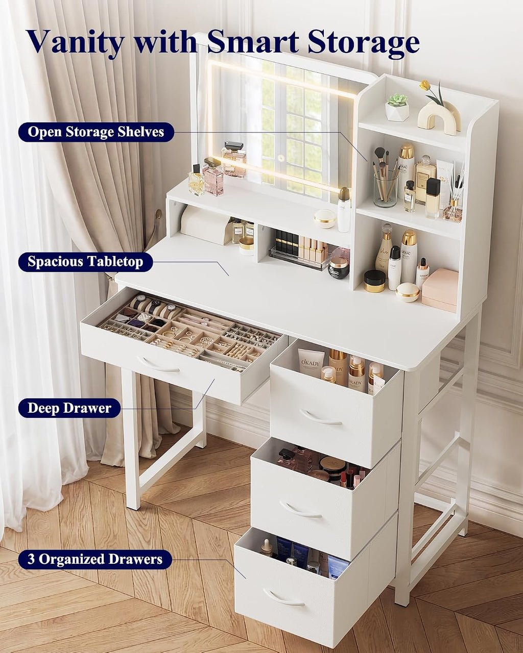 Kitsure Vanity Desk with Mirror and Lights - Large Capacity Makeup Vanity with 4 Fabric Storage Drawers & 3 Lighting Modes, Vanity Table Set with Sturdy Metal Frame for Bedroom, White, 35' x 17' x 52'