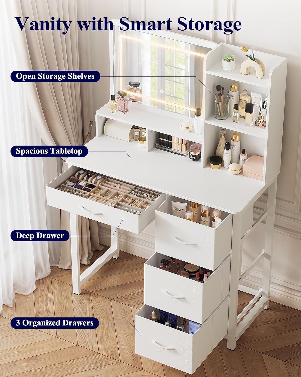 Kitsure Vanity Desk with Mirror and Lights - Large Capacity Makeup Vanity with 4 Fabric Storage Drawers & 3 Lighting Modes, Vanity Table Set with Sturdy Metal Frame for Bedroom, White, 35' x 17' x 52'
