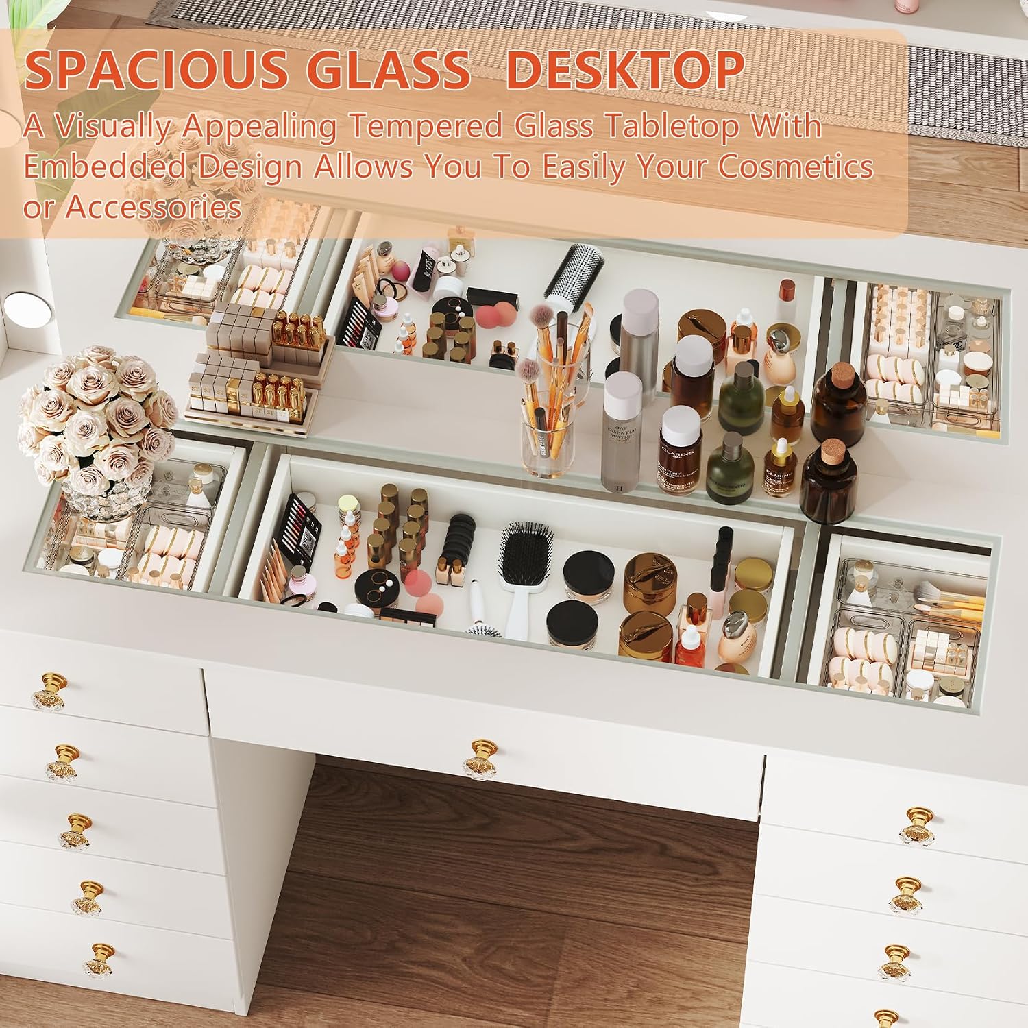 Vanity Desk with Large Mirror and 10 LED Lights, Glassstop Makeup Vanity Desk with 11 Drawers & Power Outlet & Hair Dryer Stand, Dressing Table with Crystal Handles for Girls, Women (White)