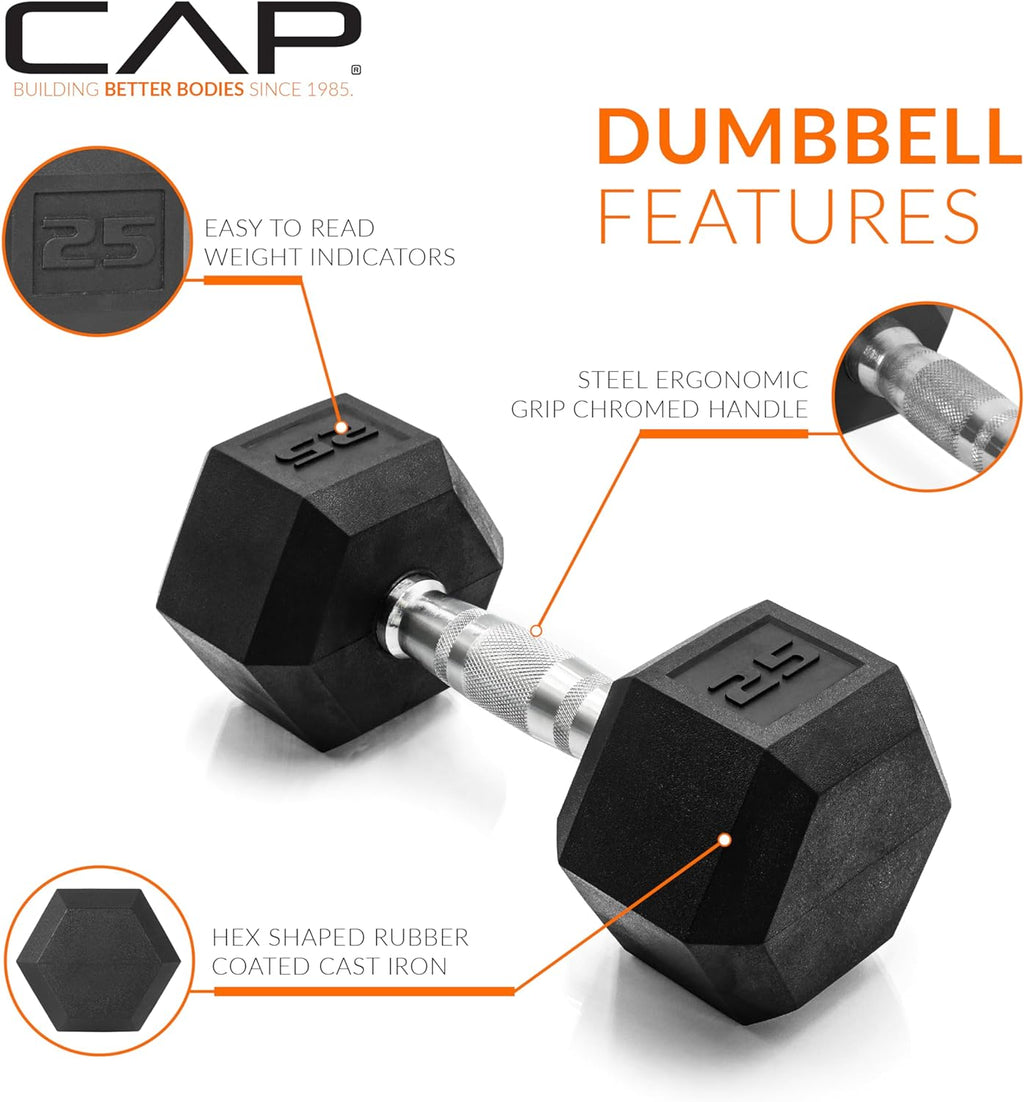 CAP Dumbbell Set with Rack, Rubber Coated Hex Free Weight Set | 100–300 lb Options, Vertical Space-Saving Storage for Home Gym Strength Training