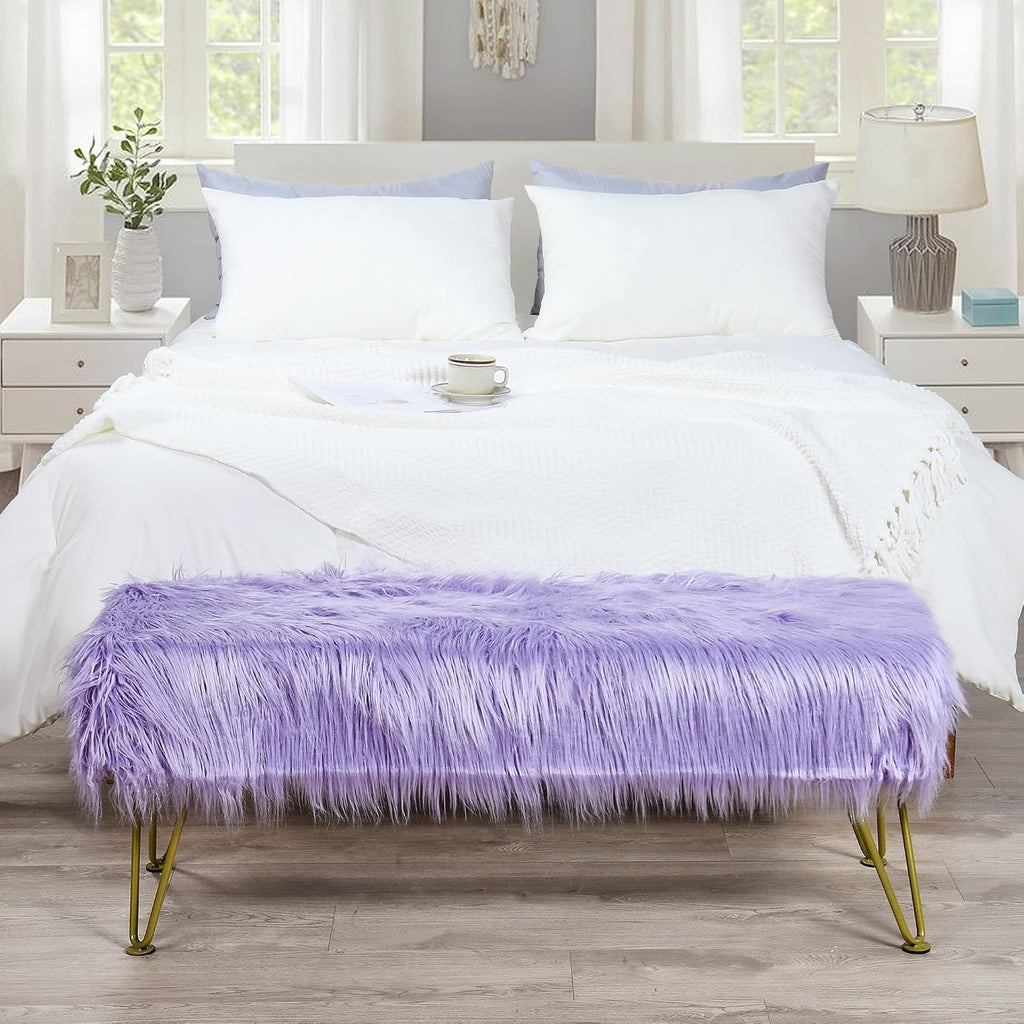 Purple Soft Plush Faux Fur Ottoman Entryway Bench Furry Footrest Stool 46'x16'x17' Sturdy Accent Long Bench for Bedroom End of Bed Vanity Closet Fuzzy Coffee Table for Living Room Gold Legs