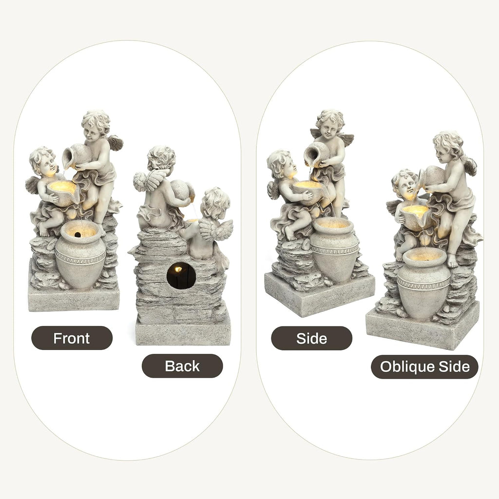 LuxenHome 30 Inch Outdoor Water Fountain, Resin Angels Water Fountains Indoor and Outdoor with LED Light, 3 Layers Angels and Urn Garden Water Fountain, Decorative Waterfall for Backyard