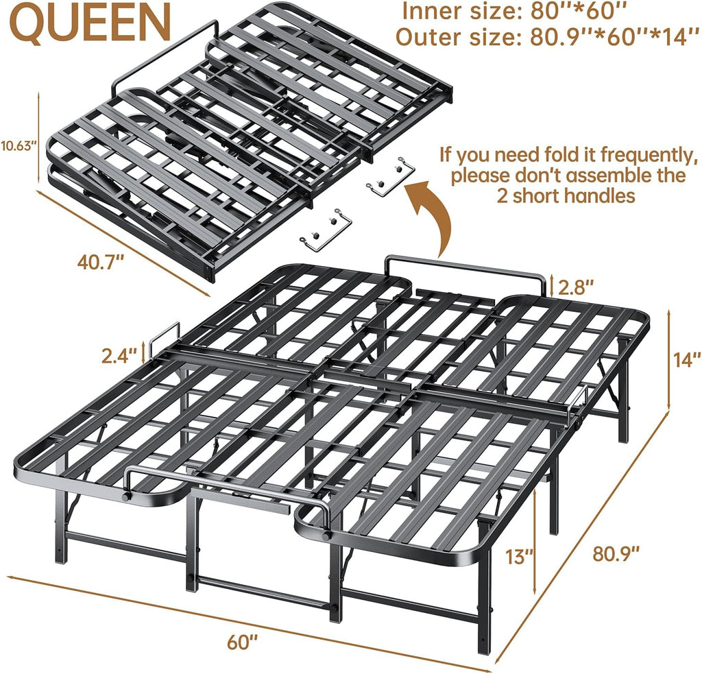 Foldable Queen Bed Frame, Heavy Duty Folding Bed Frame Queen Size,14 Inch Sturdy Metal Platform Bed with 12 Unshakable Legs, No Box Spring Needed, Tool-Free Assembly, 13' Under Bed Storage, Black