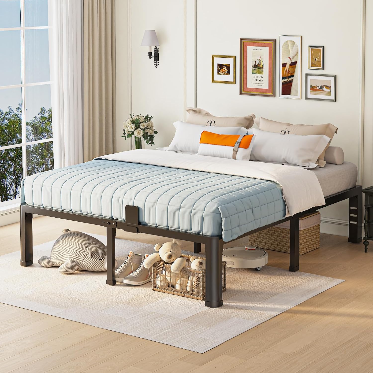 14 inch Queen Bed Frame with Round Corner Legs and Headboard Hole Mattress Slide Stopper 3500 lbs Heavy Duty Metal Platform,Steel Slats Support,No Box Spring Needed,Easy Assembly,Noise Free
