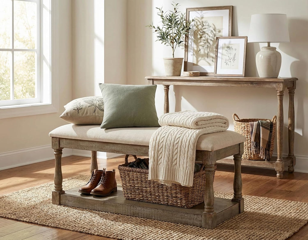Cortesi Home Dahlia Wooden Bench Ottoman, Distressed Wood and Beige Fabric