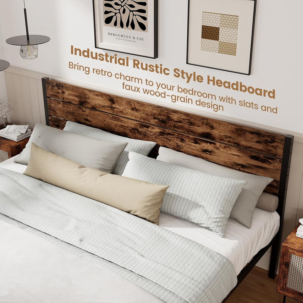 GOFLAME King Size Bed Frame, Metal Platform Bed with Under-Bed Storage Space & Slatted Headboard, Industrial Bed Base, No Box Spring Needed Mattress Foundation, Rustic Brown