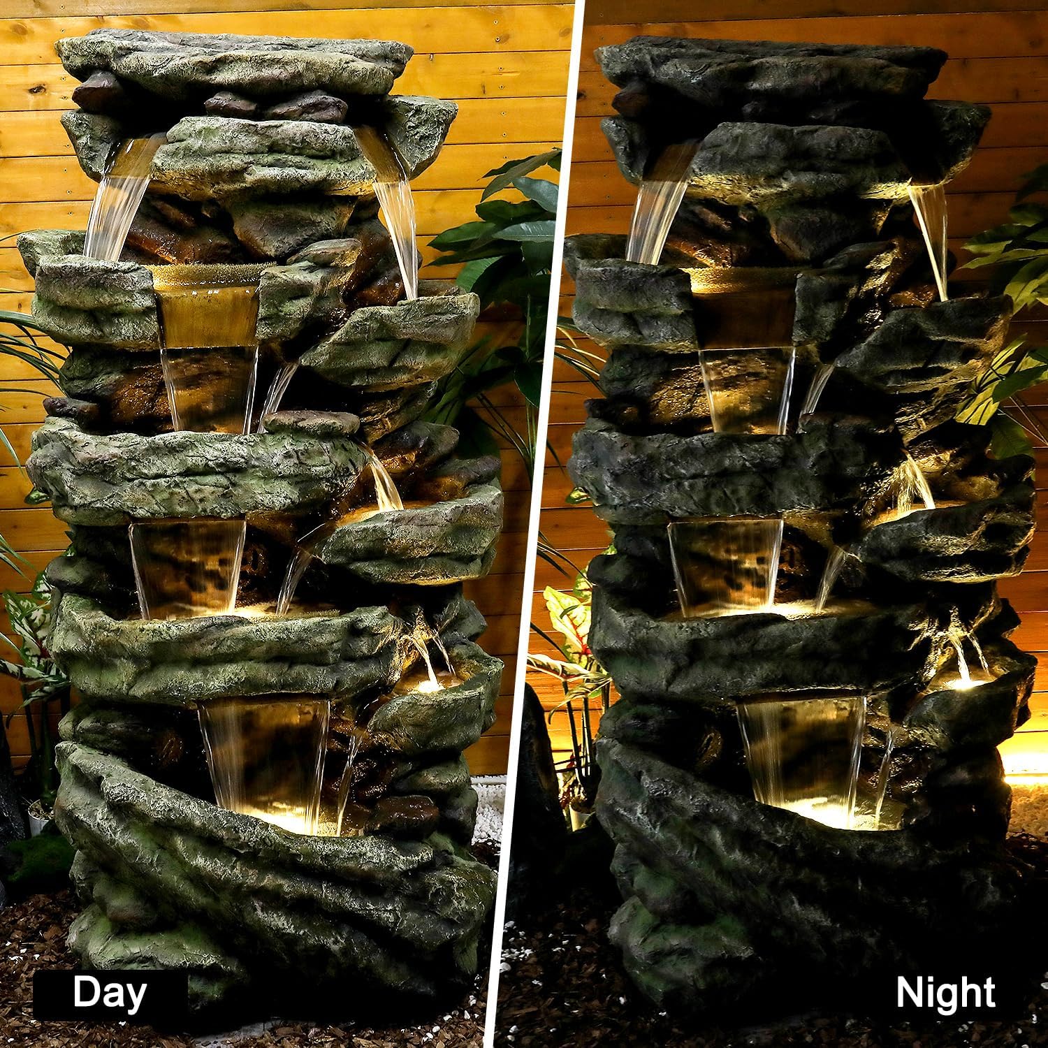 SunJet 59' High Multi-Tiers Cascading Rock Outdoor Water Fountain with LED Lights - Large Outdoor Fountains and Waterfalls for Garden or Patio, Yard, and Deck Decor, Featuring Natural Stone Look