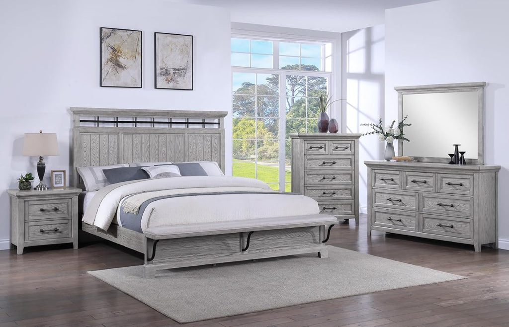 3pc Light Gray Finish King Size Panel Built-in Bench Bed Set Bedroom Solid Wood Furniture