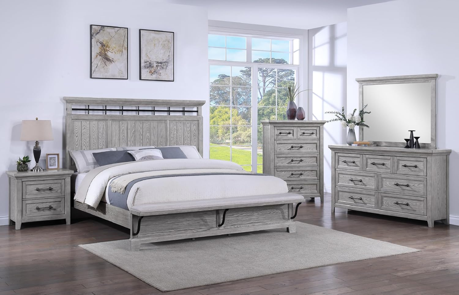 3pc Light Gray Finish King Size Panel Built-in Bench Bed Set Bedroom Solid Wood Furniture