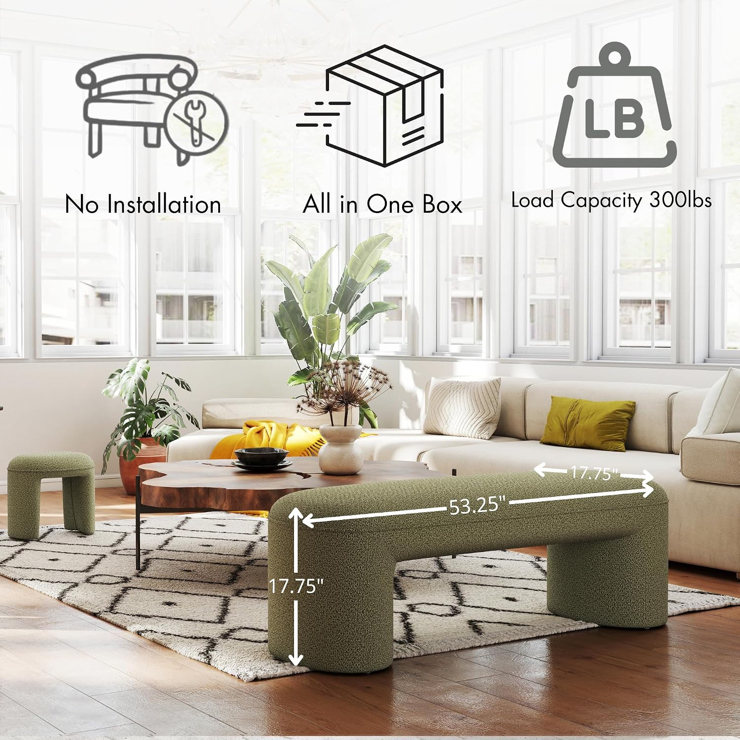 Hyfirm 3-Piece Nesting Upholstered Bench with 2 Stools, 53' Chenille Accent Waterfall Bench Modern End of Bed Entryway Bench Bedroom Bench for Living Room Vanity, Green, No Need to Install