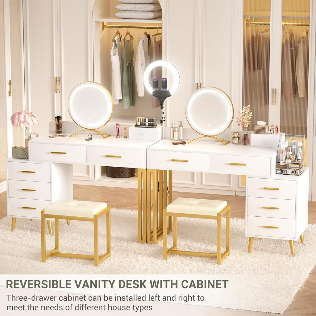 Armocity White Vanity Desk with Mirror and Lights, Modern Makeup Vanity Table Set with 6 Storage Drawers and Cushioned Stool for Bedroom, Dressing Table with Divided Organizers for Women Girls, White