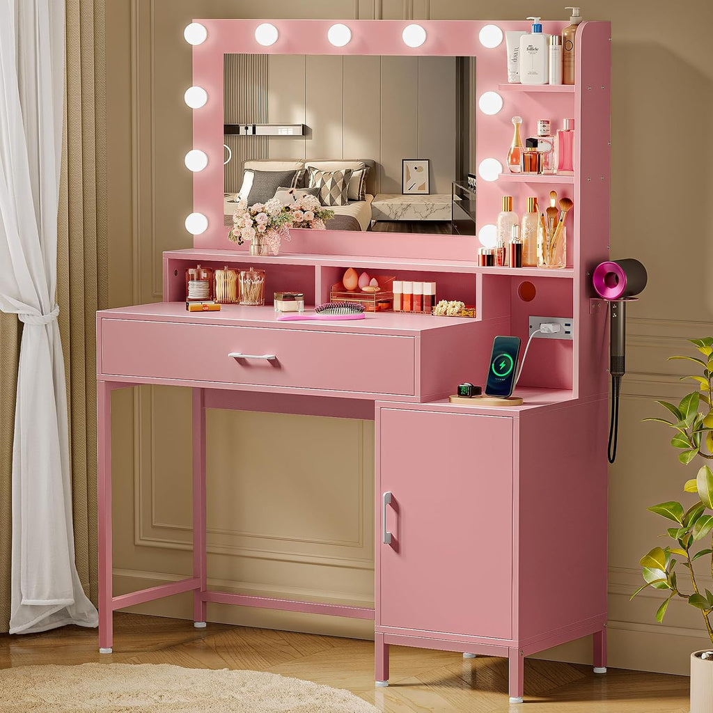 Driftalia Vanity Desk with Mirror and Lights, Makeup Vanity with Storage Drawer, Power Outlet and Large Cabinet for Bedroom - Pink