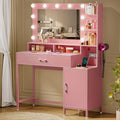Driftalia Vanity Desk with Mirror and Lights, Makeup Vanity with Storage Drawer, Power Outlet and Large Cabinet for Bedroom - Pink