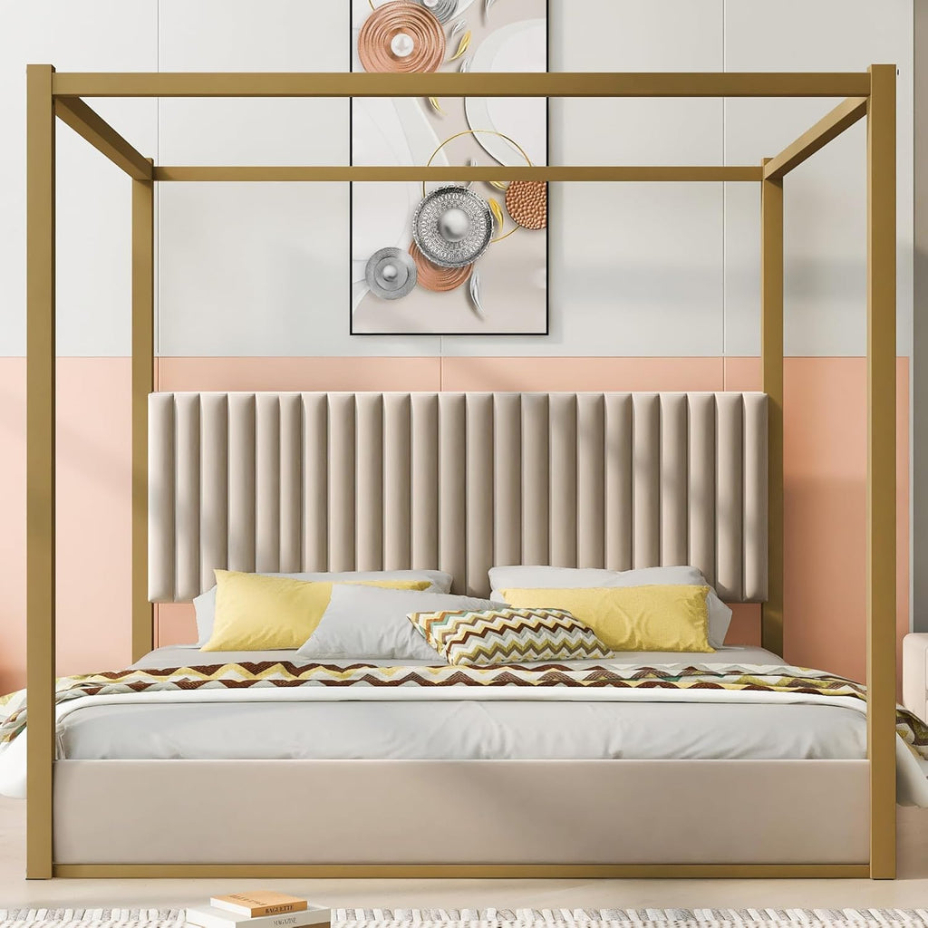 Modern 4-Poster Canopy Platform Bed King Size with Channel Upholstery Tufted Headboard, Gold Metal Canopied Design Platform Bed Frame with Strong Slats Support (Beige-1.20)