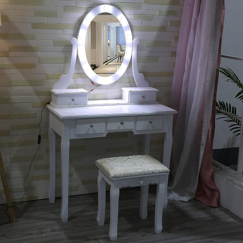 GarveeHome Modern Makeup Vanity, Girls Vanity Set with Lighted Mirror and Cushioned Stool, Make Up Table with 5 Drawers for Bedroom, Dressing Table for Kids Women Girlste