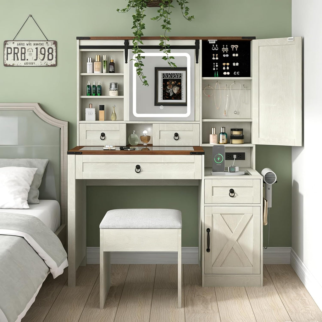 Farmhouse White Vanity Desk with Mirror and Lights, 42' Glass Top Dressing Table with Charging Station & Jewelry Storage, 4 Drawers & 2 Cabinets, Compact Makeup Vanity for Girls