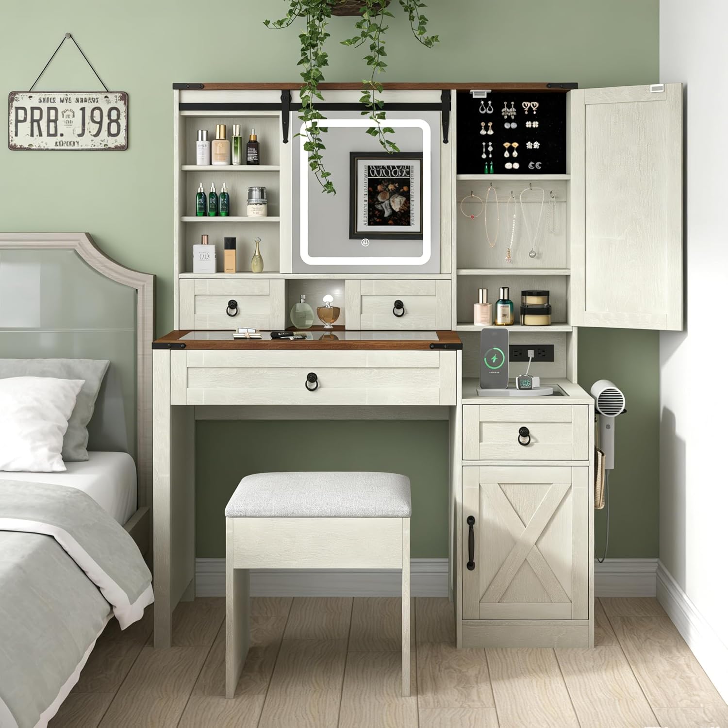 Farmhouse White Vanity Desk with Mirror and Lights, 42' Glass Top Dressing Table with Charging Station & Jewelry Storage, 4 Drawers & 2 Cabinets, Compact Makeup Vanity for Girls