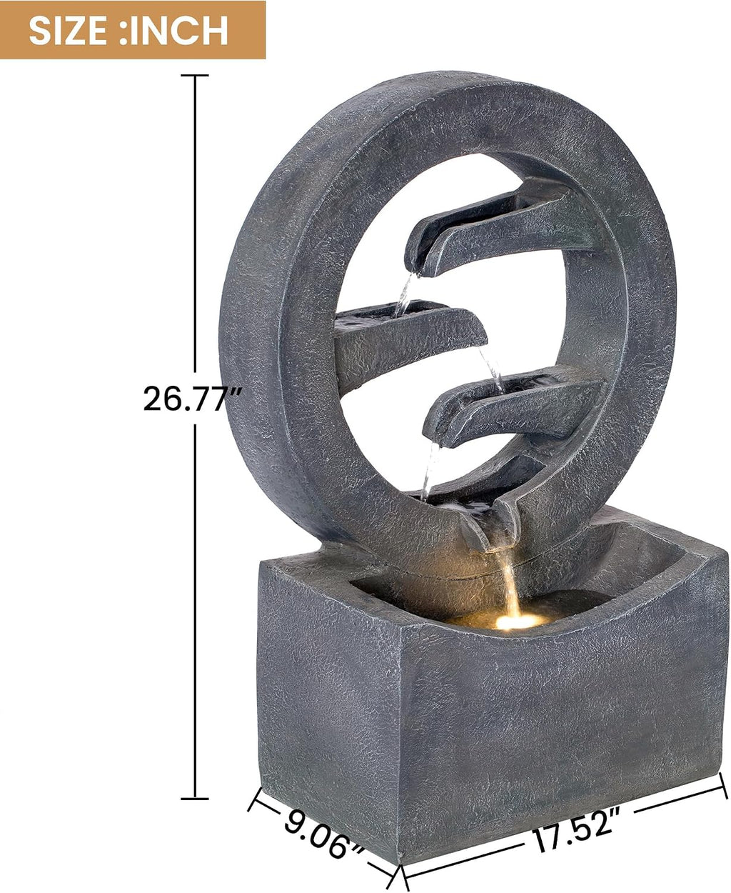 Merax 26.77' H Gray Circular Polyresin Outdoor Water Fountain with LED Light, Freestanding Modern Cascading Water Feature for Patio Garden Backyard Decor