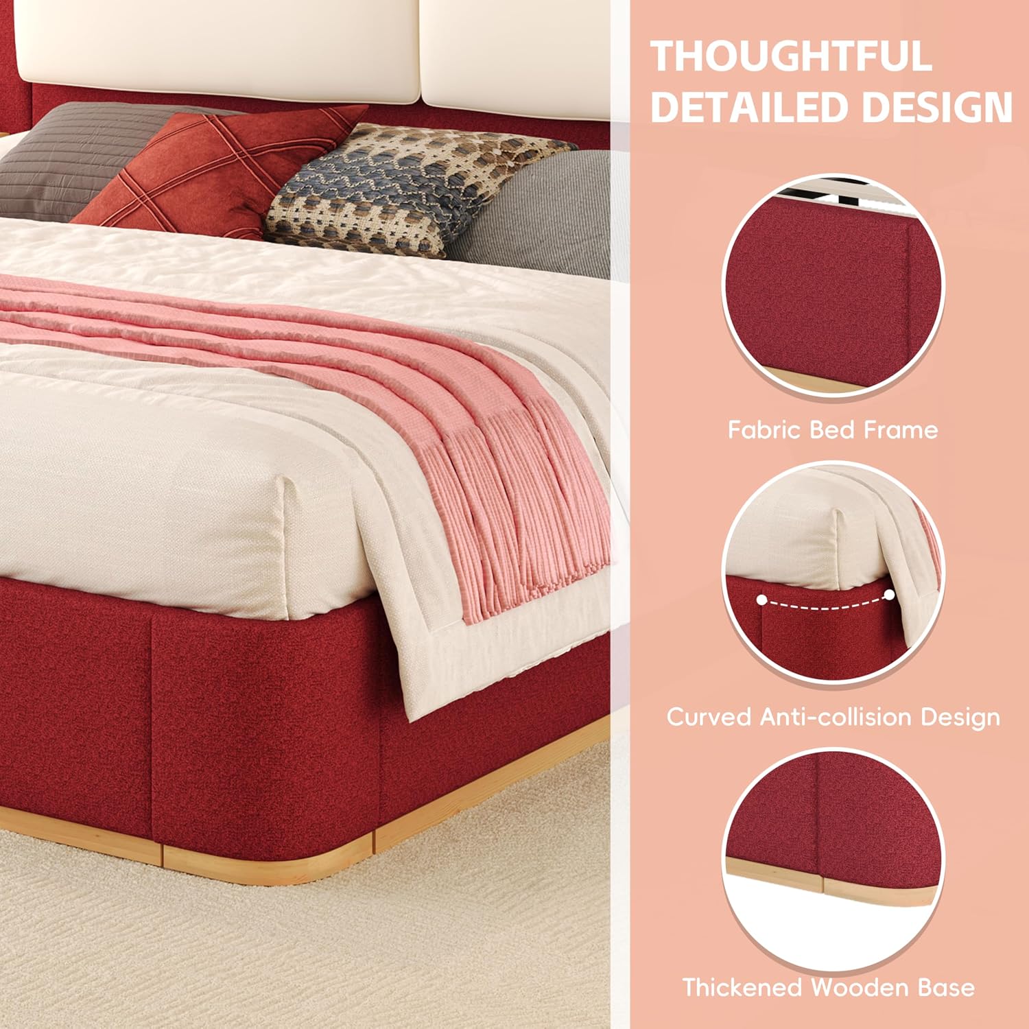 Luxury Bed Frame with Nightstands Modern Bedroom Set, Red Queen Size Floor Platform Bed with Oversize Soft Upholstered Tall Headboard Bedframe, No Box Spring Needed (Red, Queen)
