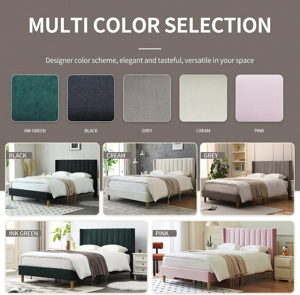 YUHUASHI upholstered Platform Bed Frame/Full Bed Frame/Modern Geometric Double-Wing Design headboard/Linen Fabric/Easy to Assemble no Noise (Black, Full)