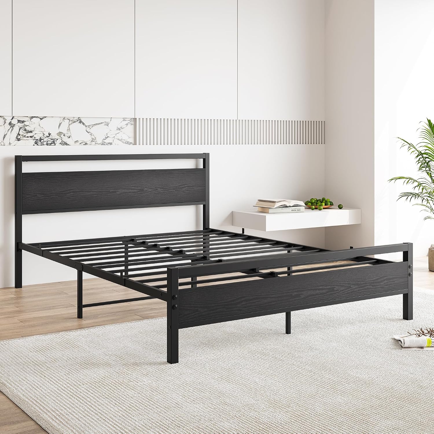 BOFENG Black Queen Size Bed Frames with Wood Headboard,Heavy Duty Metal Platform Bed Frame with Storage No Box Spring Needed,Strong Steel Slats Support,Noise Free