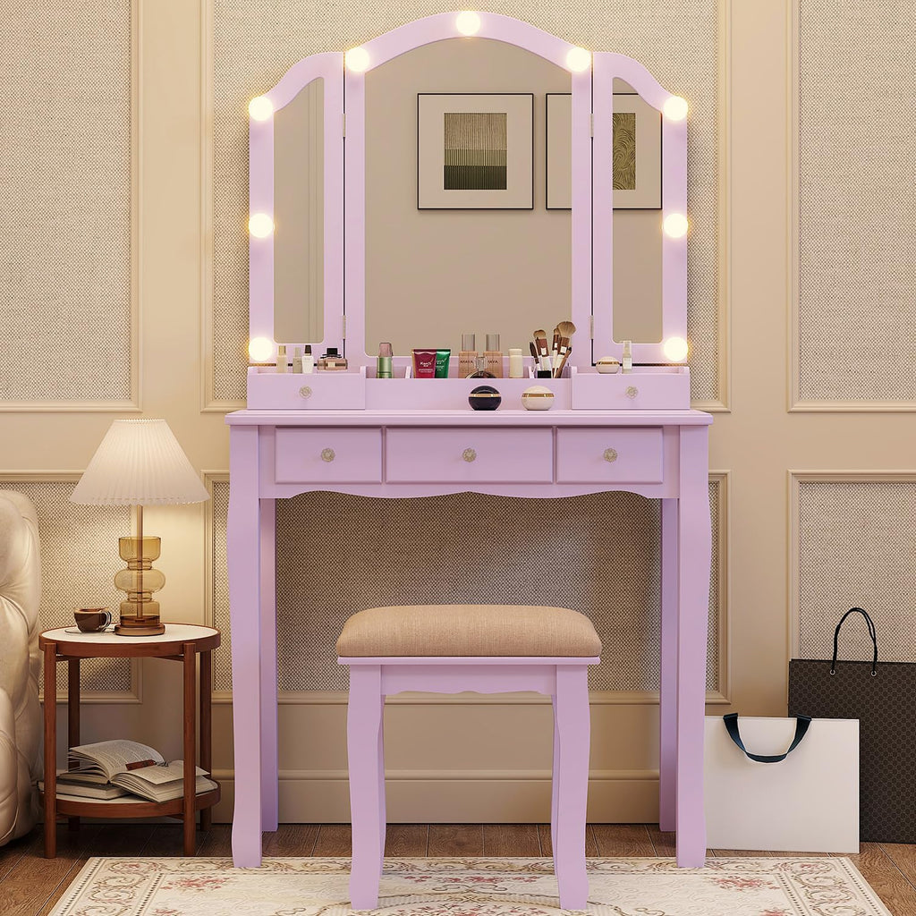 YIXHQ Purple Vanity Makeup Vanity Desk with Lights Vanity for Teen Girls Vanity Set for Teenager Vanity Table with Mirror for Bedroom Vanity Mirror with Lights Girls Desk and Chair