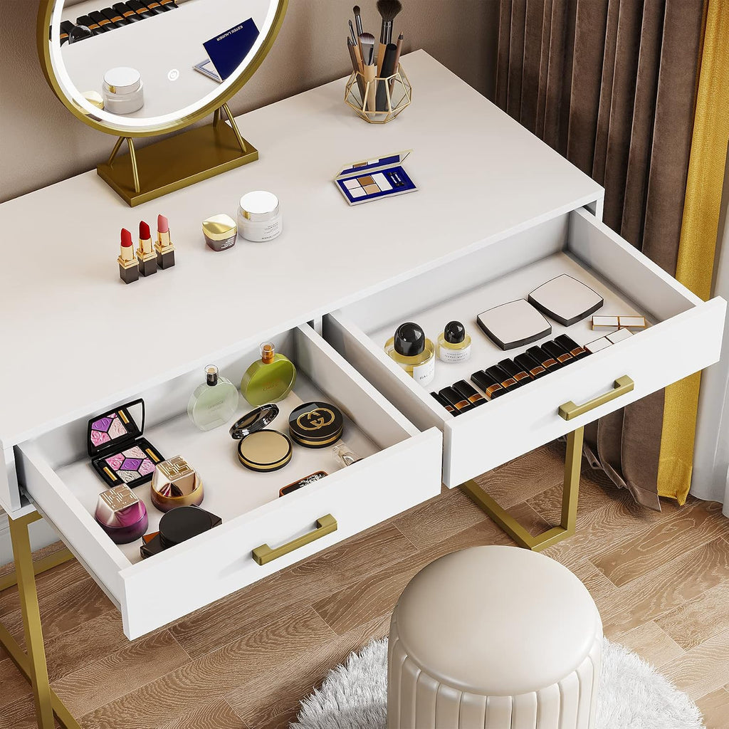 Tribesigns Vanity Desk with 2 Drawers, White and Gold Small Makeup Vanity, Modern Vanity Table Dressing Desk for Women Girls Gifts (Without Mirror)