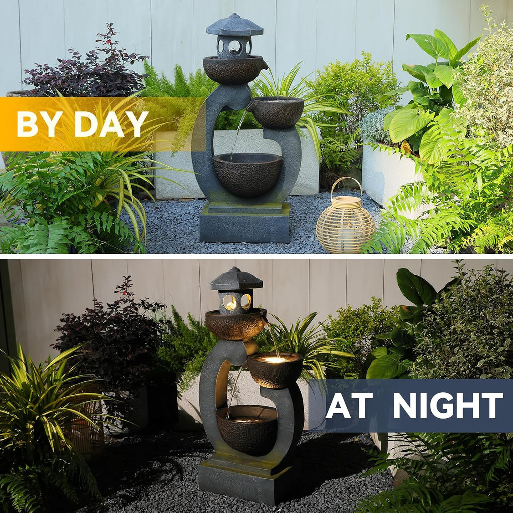Bumilgar 35.24'H Zen Outdoor Water Fountain Garden, Japanese Lantern Multi-Tier Waterfall Fountain Water Feature with Lights for Patio, Garden & Porch