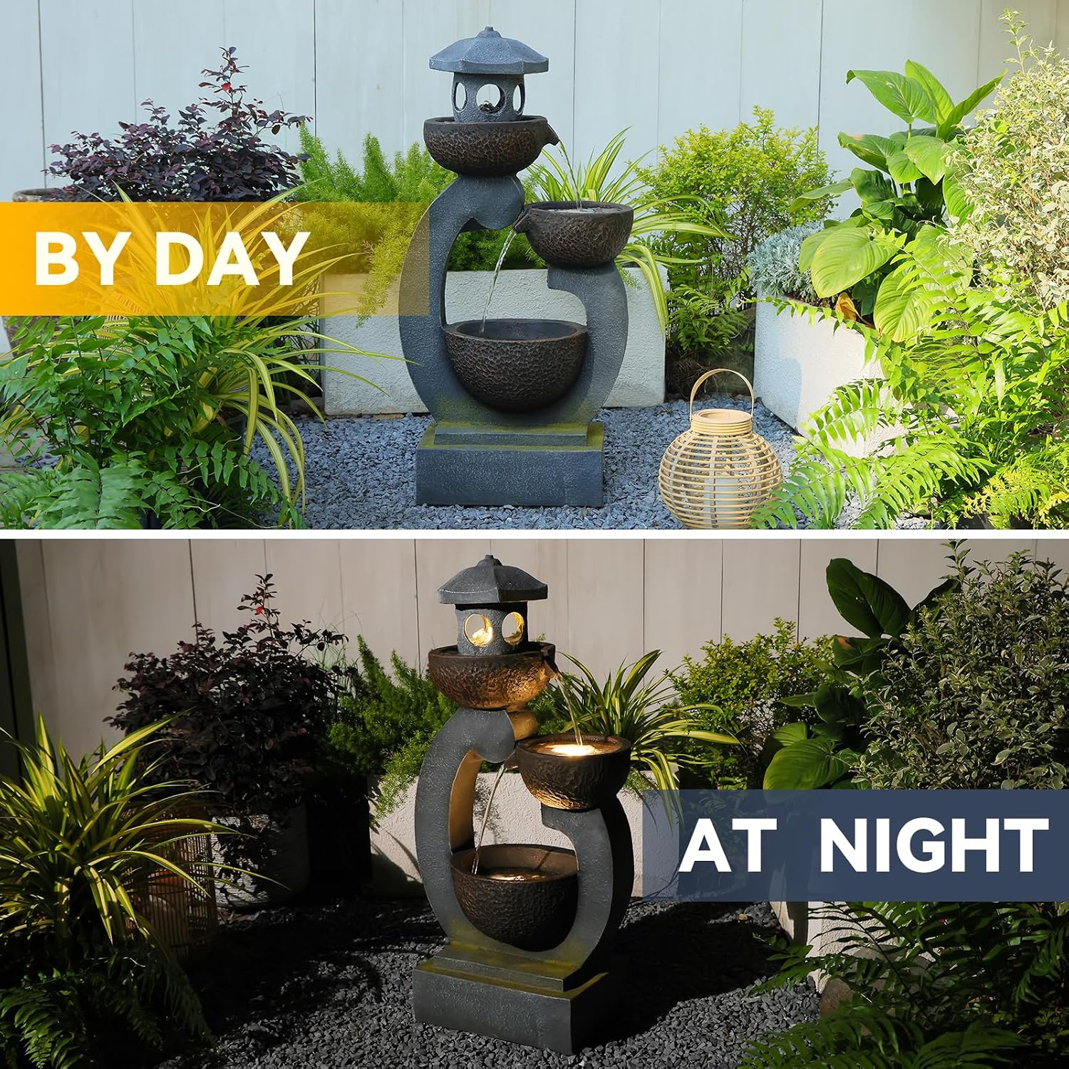 Bumilgar 35.24'H Zen Outdoor Water Fountain Garden, Japanese Lantern Multi-Tier Waterfall Fountain Water Feature with Lights for Patio, Garden & Porch