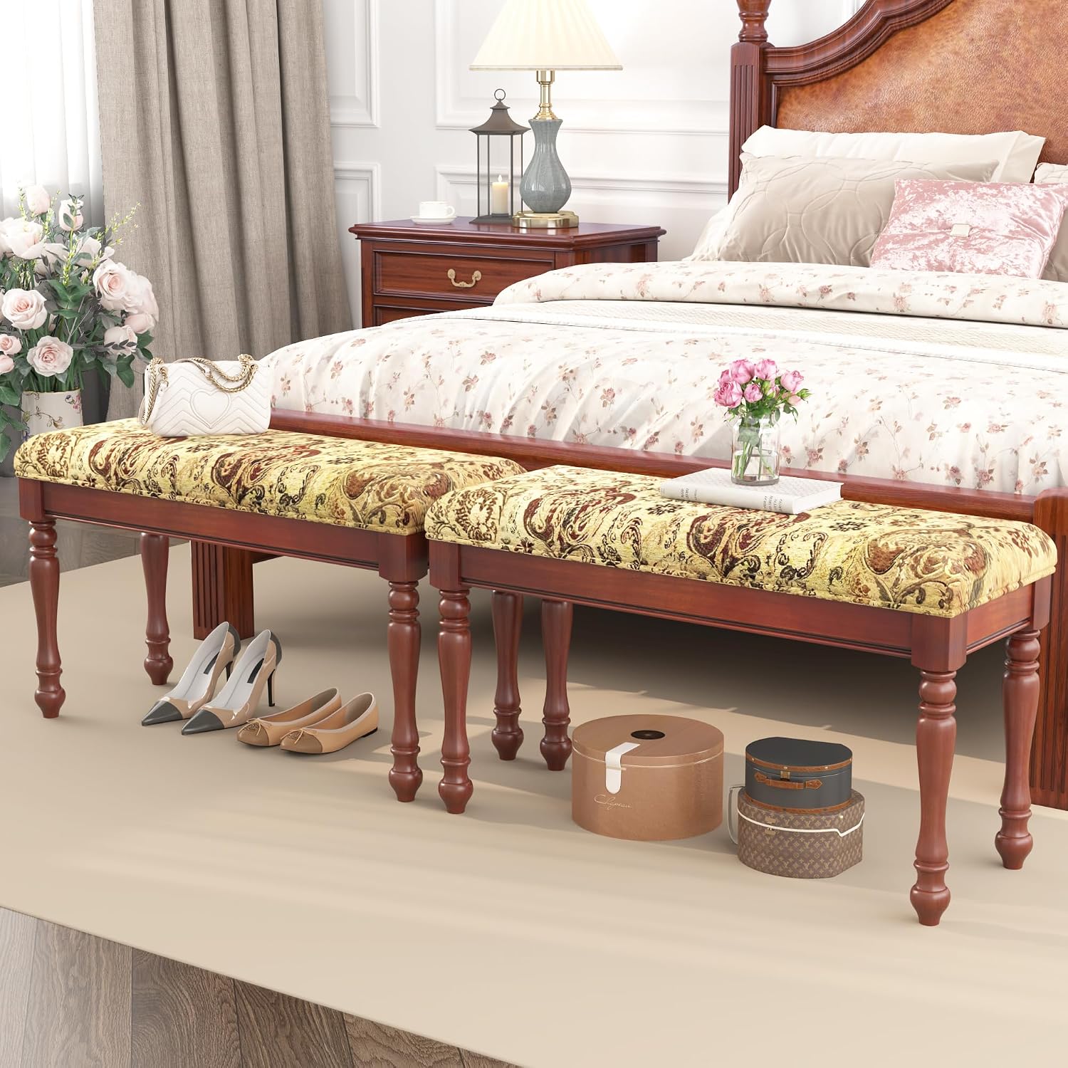 31.5' Linen Bedroom Bench - Upholstered Bench for Bedroom End of Bed, Entryway Bench with Solid Wood Legs, Makeup Vanity Stool,Cherry Red -11.8'D x 31.5'W x 18.1'H